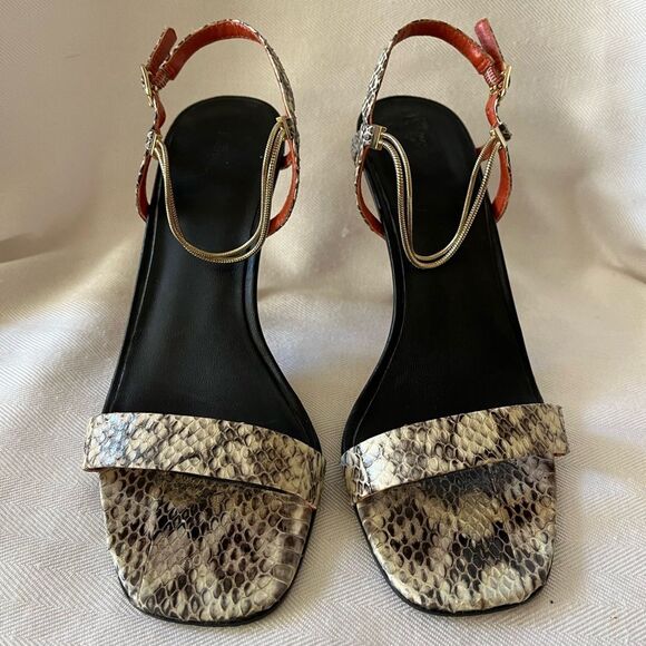 Diane Von Furstenberg snakeskin sandals with gold ankle strap, size 7. - Picture 2 of 7